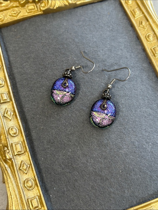 Artisan Jewelry - Handmade Dichroic Glass Drop Earrings - Purple Iridescent